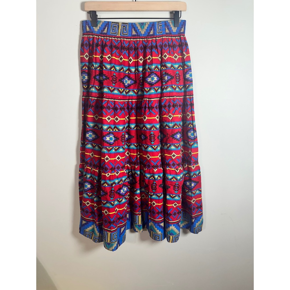 Vintage My Michelle Southwestern Tiered Maxi Skirt Red Cotton Large Made in USA